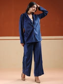 Blue Solid Velvet Shirt Collar Co-ord Set for Women
