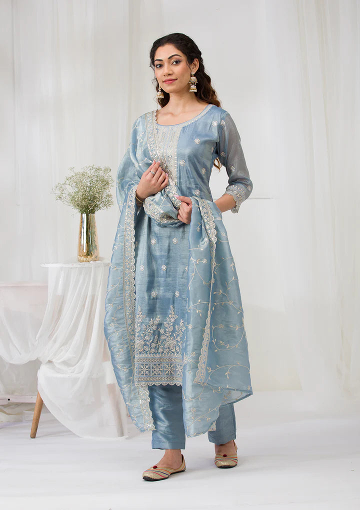 Sea Green Threadwork Semi Crepe Readymade Salwar Suit