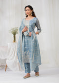 Sea Green Threadwork Semi Crepe Readymade Salwar Suit