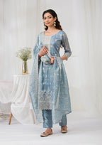 Sea Green Threadwork Semi Crepe Readymade Salwar Suit