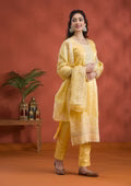 Yellow Threadwork Semi Crepe Readymade Salwar Suit