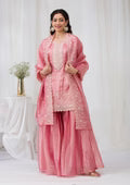 Pink Threadwork Semi Crepe Readymade Sharara Suit