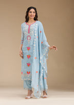 Sky Blue Threadwork Semi Crepe Readymade Salwar Suit