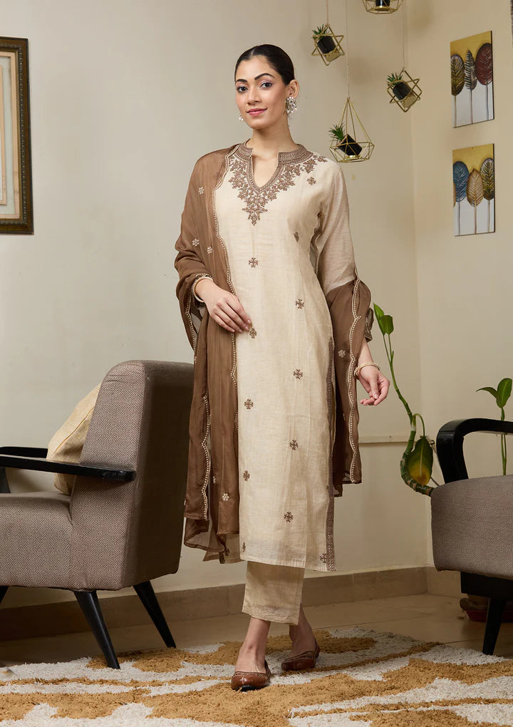 Beige Threadwork Chanderi Readymade Salwar Suit