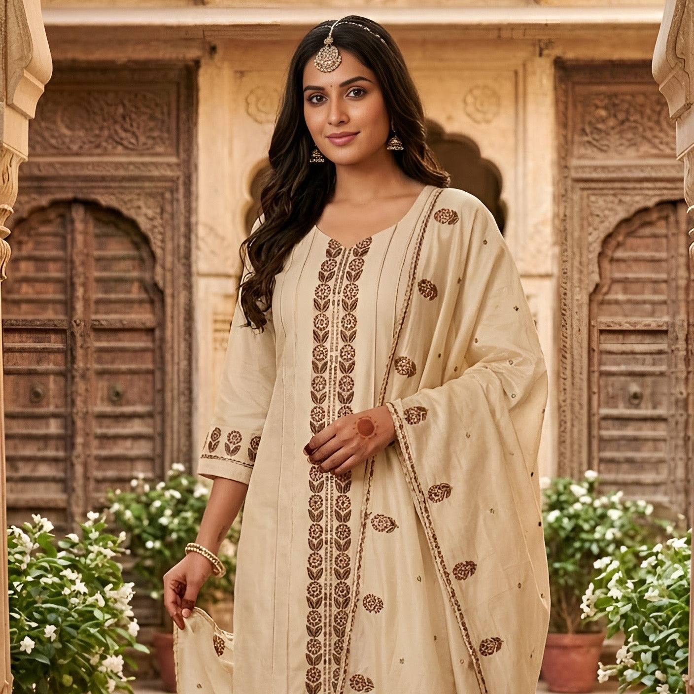 Beige Embroidered Kurta Palazzo Set with Dupatta for Women