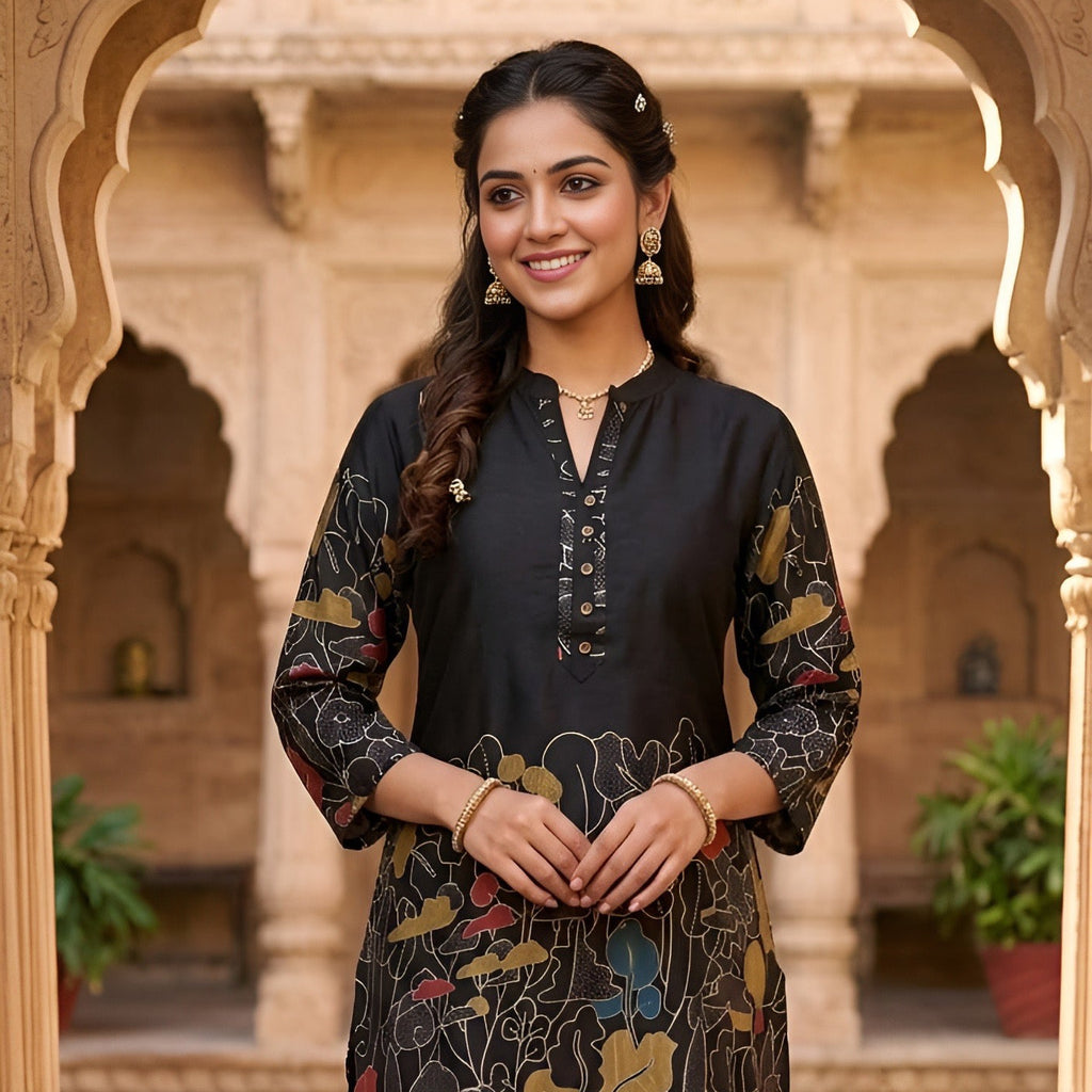 Black Floral Printed Kurta Palazzo Set for Women