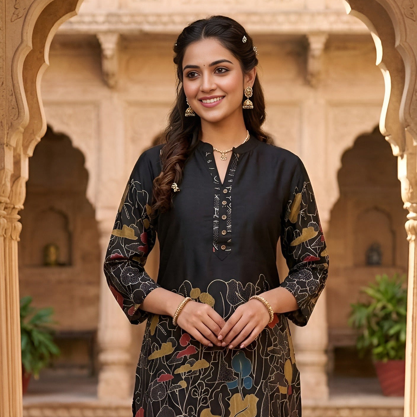Black Floral Printed Kurta Palazzo Set for Women