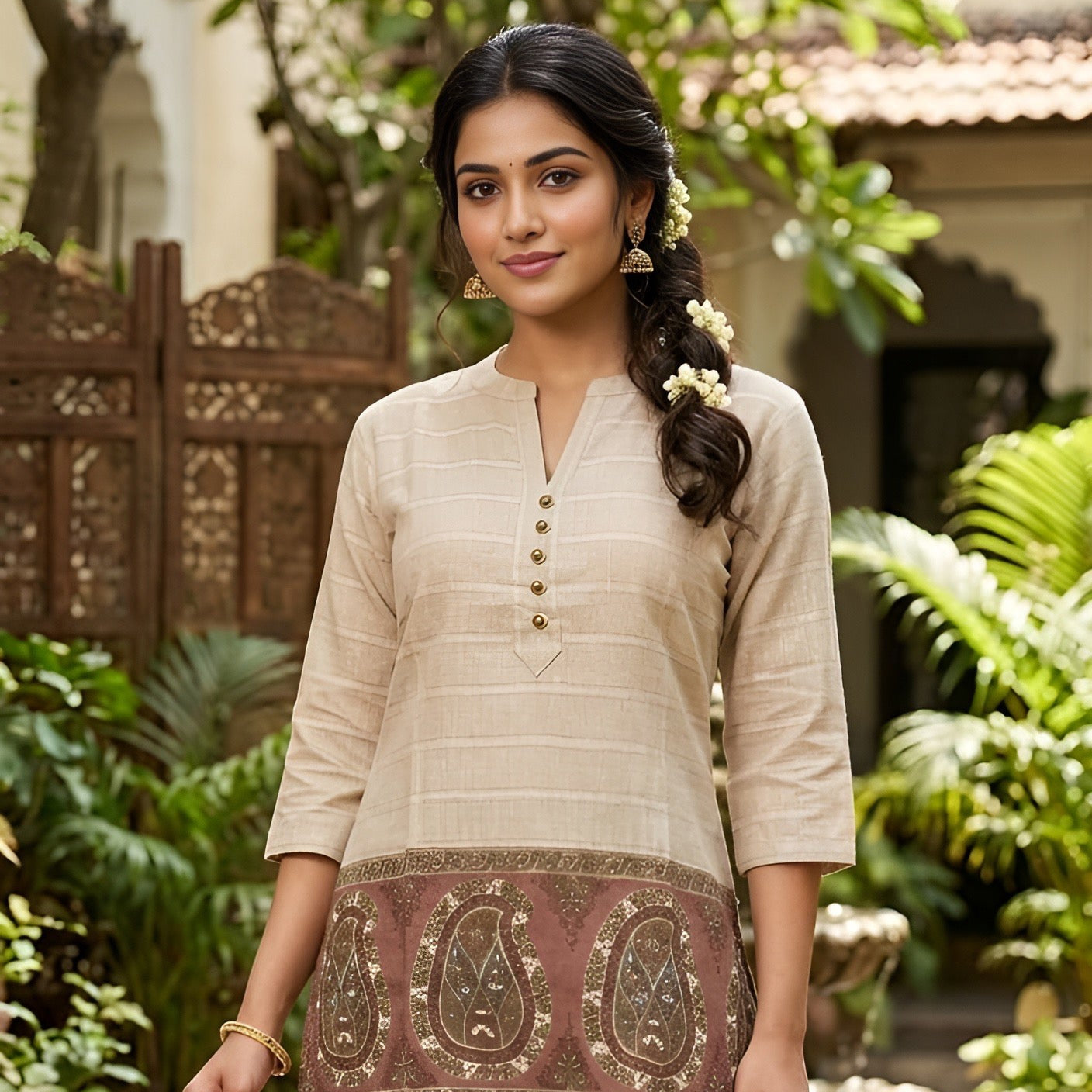 Beige Printed Kurta with Straight Pants Set for Women