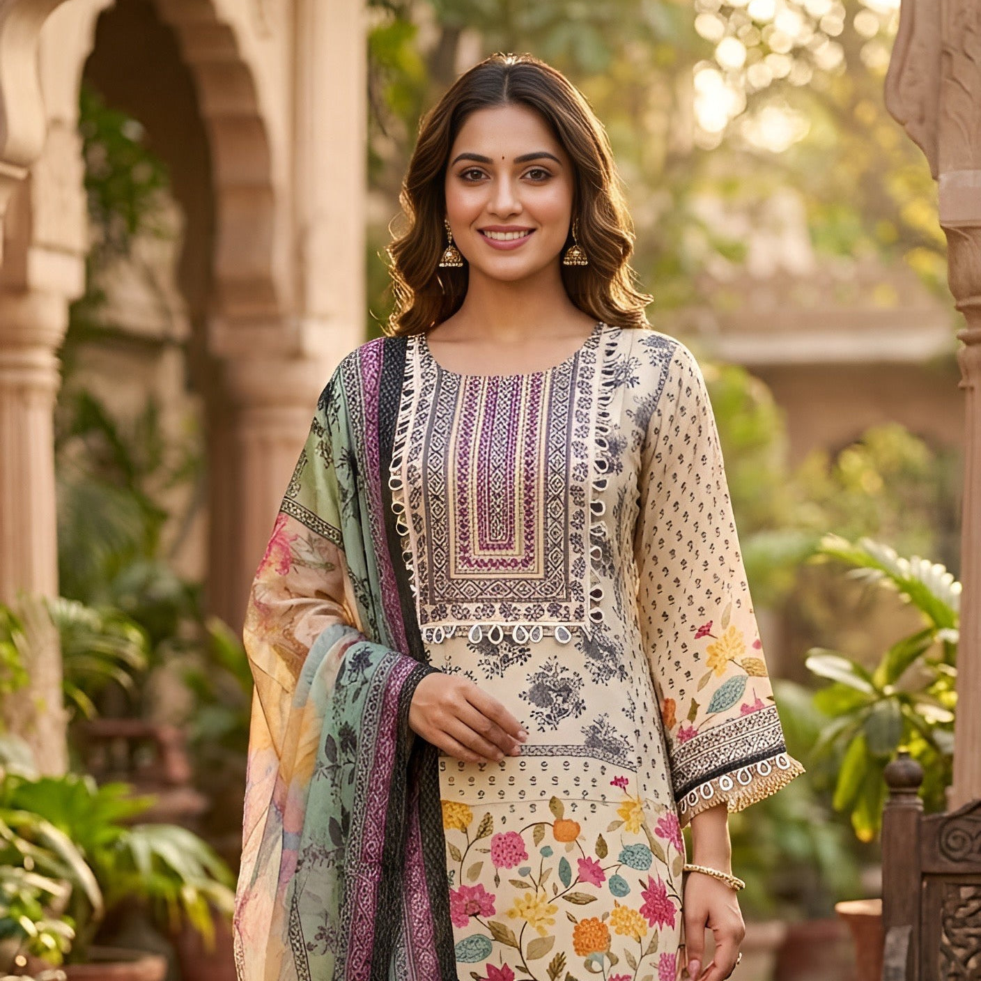 Cream Floral Printed Kurta Palazzo Set with Dupatta for Women