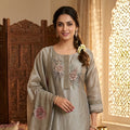 Sage Green Embroidered Kurta Set with Floral Dupatta for Women