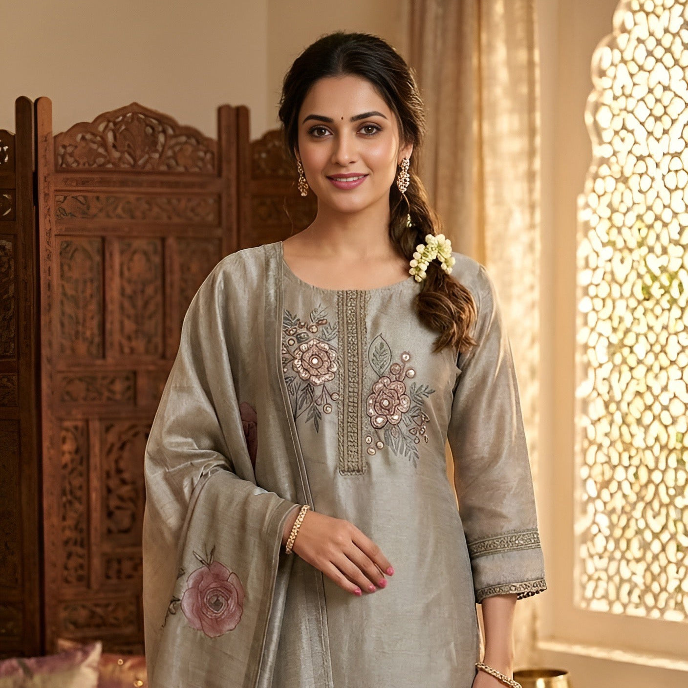 Sage Green Embroidered Kurta Set with Floral Dupatta for Women