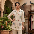 Beige Embroidered Shirt-Style Kurta with Straight Pants Set for Women
