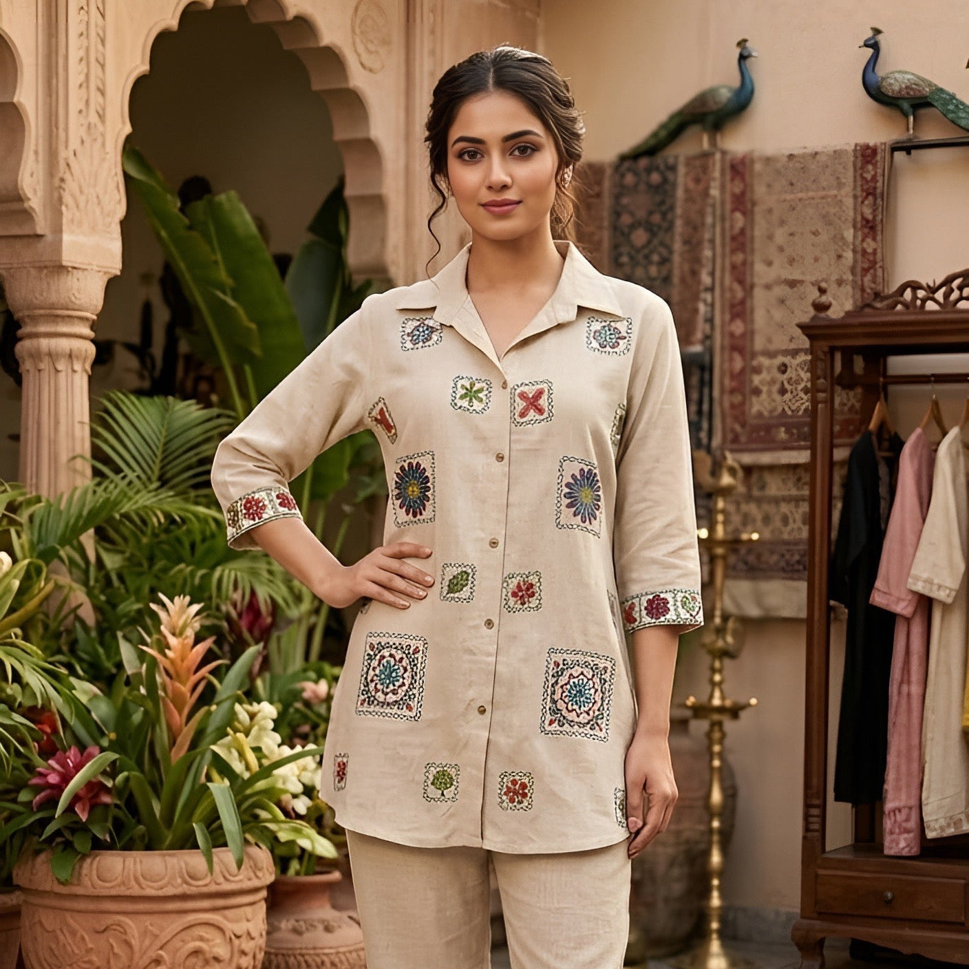 Beige Embroidered Shirt-Style Kurta with Straight Pants Set for Women
