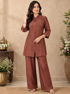 Rust brown embroidered kurta pant co-ord set for women