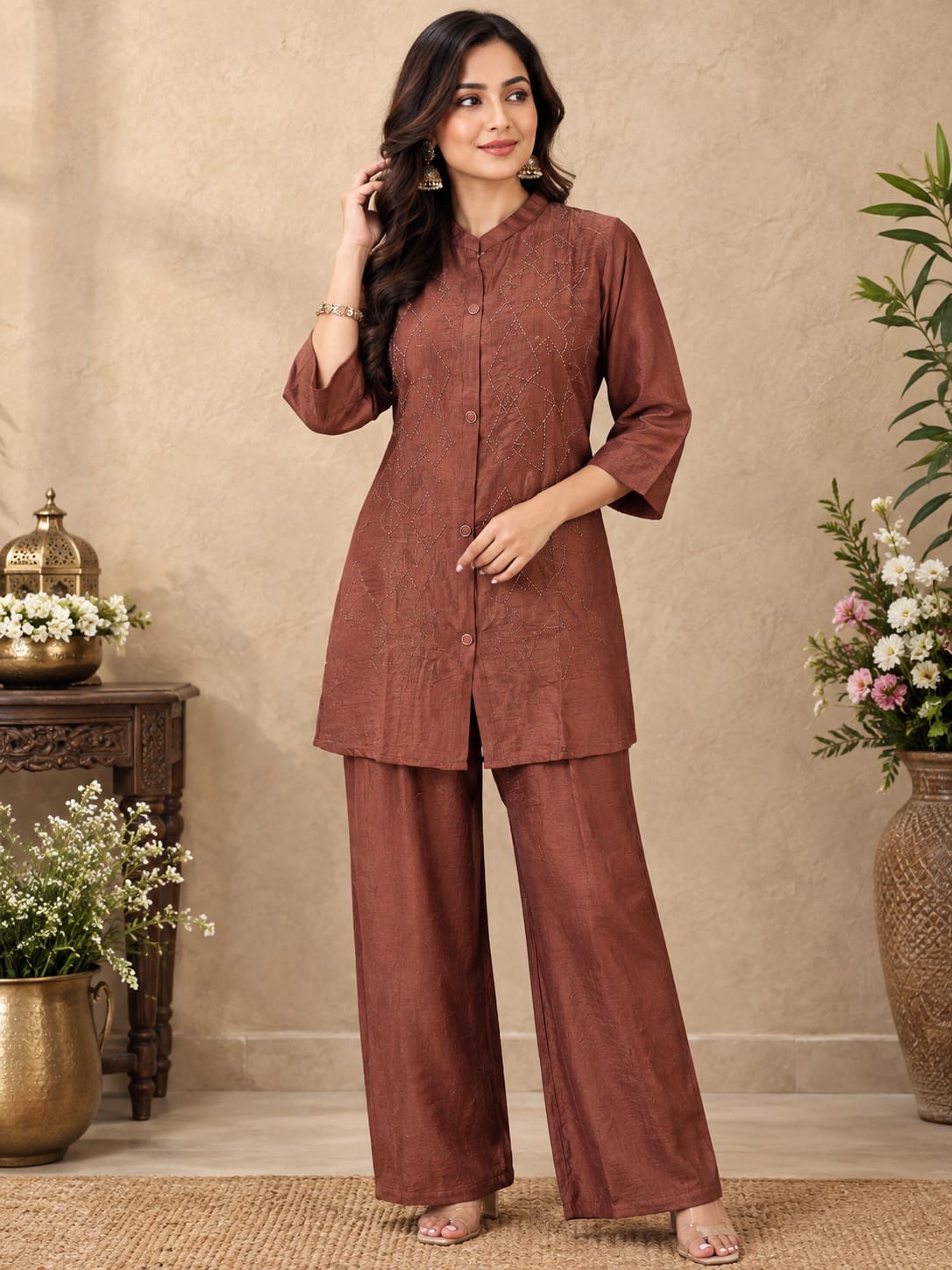 Rust brown embroidered kurta pant co-ord set for women