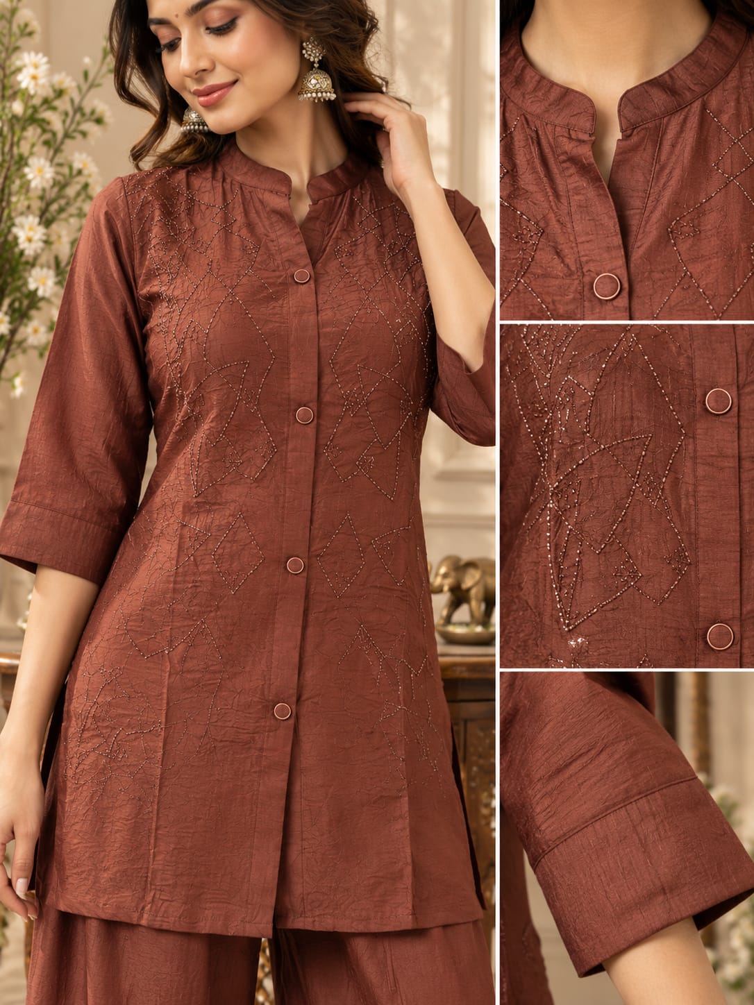 Rust brown kurta with mandarin collar, button front and 3/4 sleeves