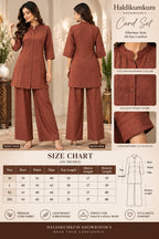 Rust brown co-ord set with matching wide-leg pants and textured detailing