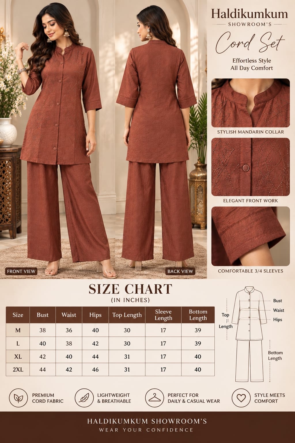 Rust brown co-ord set with matching wide-leg pants and textured detailing