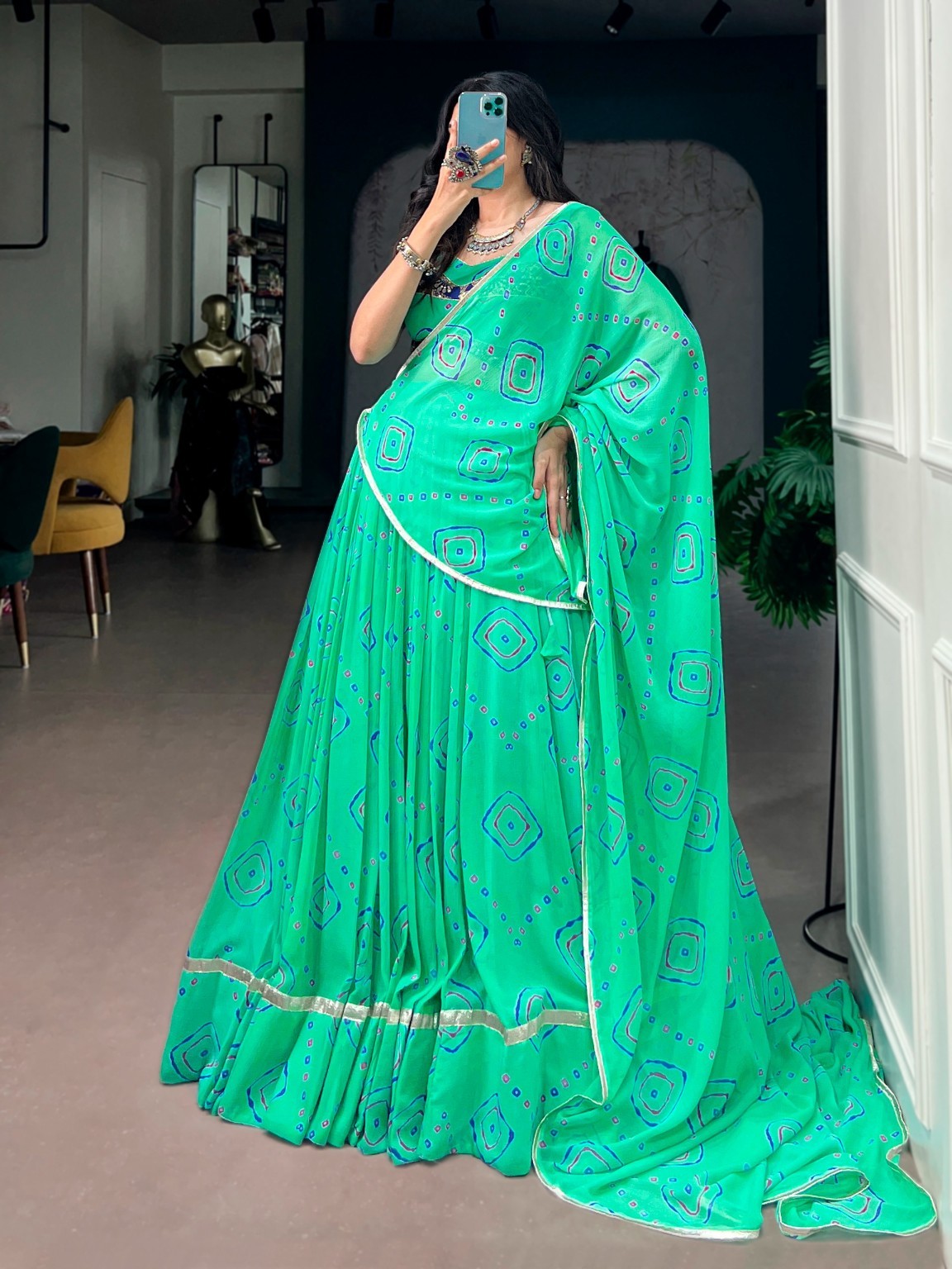 LNB1742 GhumMar Bandhej Print Lehenga Choli with Dupatta | 8 Meter Flair