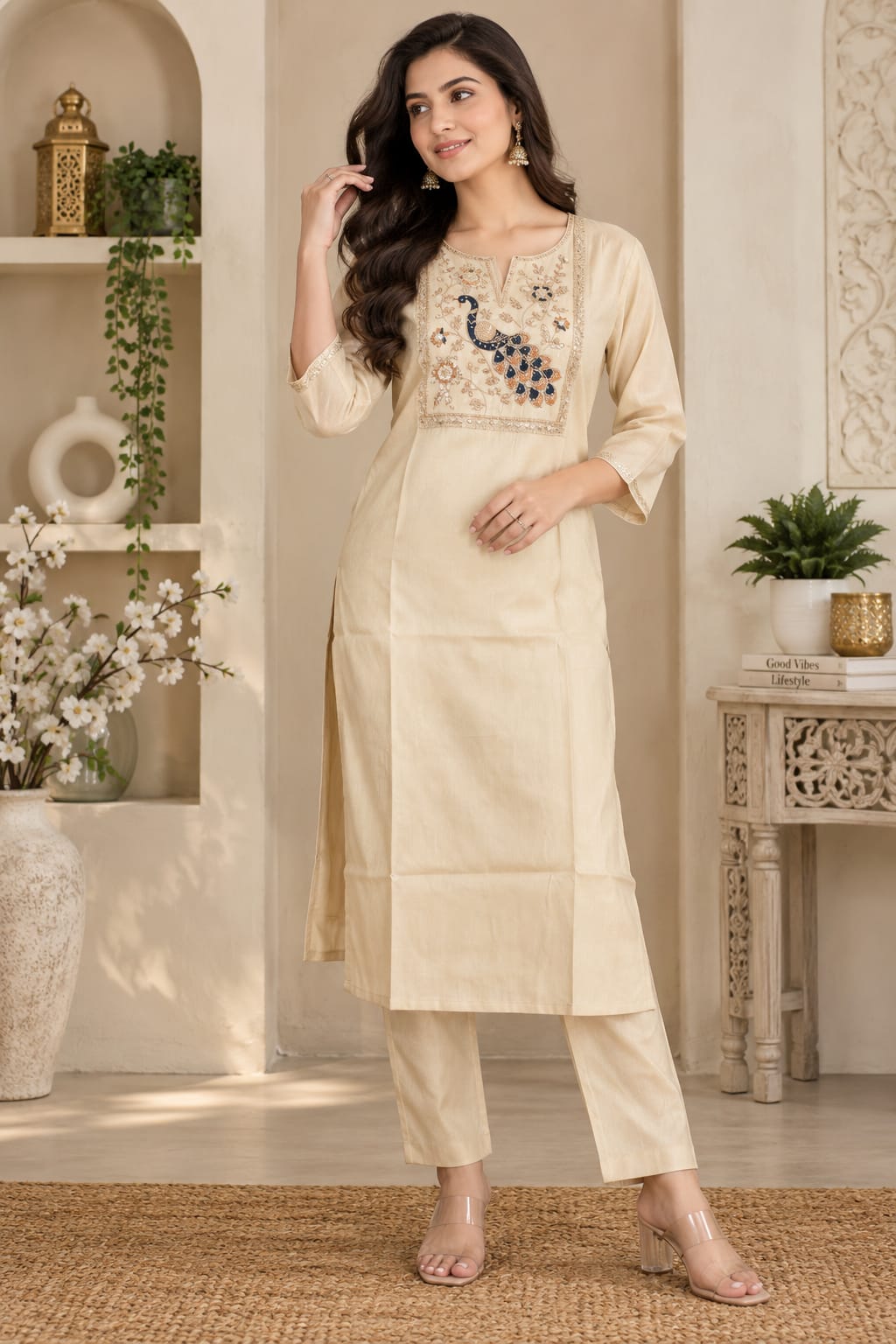 Cream embroidered peacock kurta pant dupatta set for women
