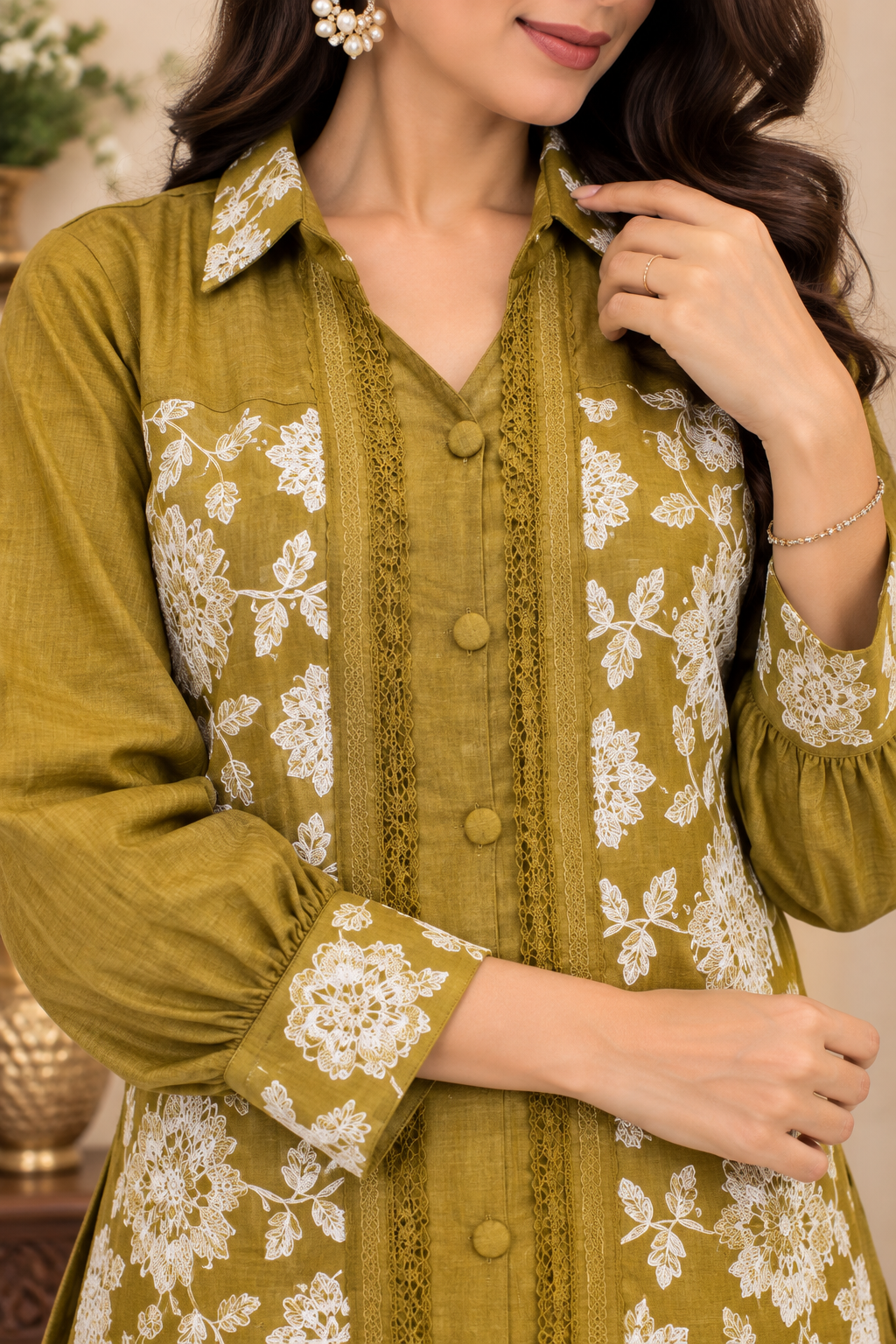 Olive Green Floral Embroidered Co-Ord Set