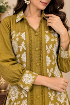 Olive Green Floral Embroidered Co-Ord Set