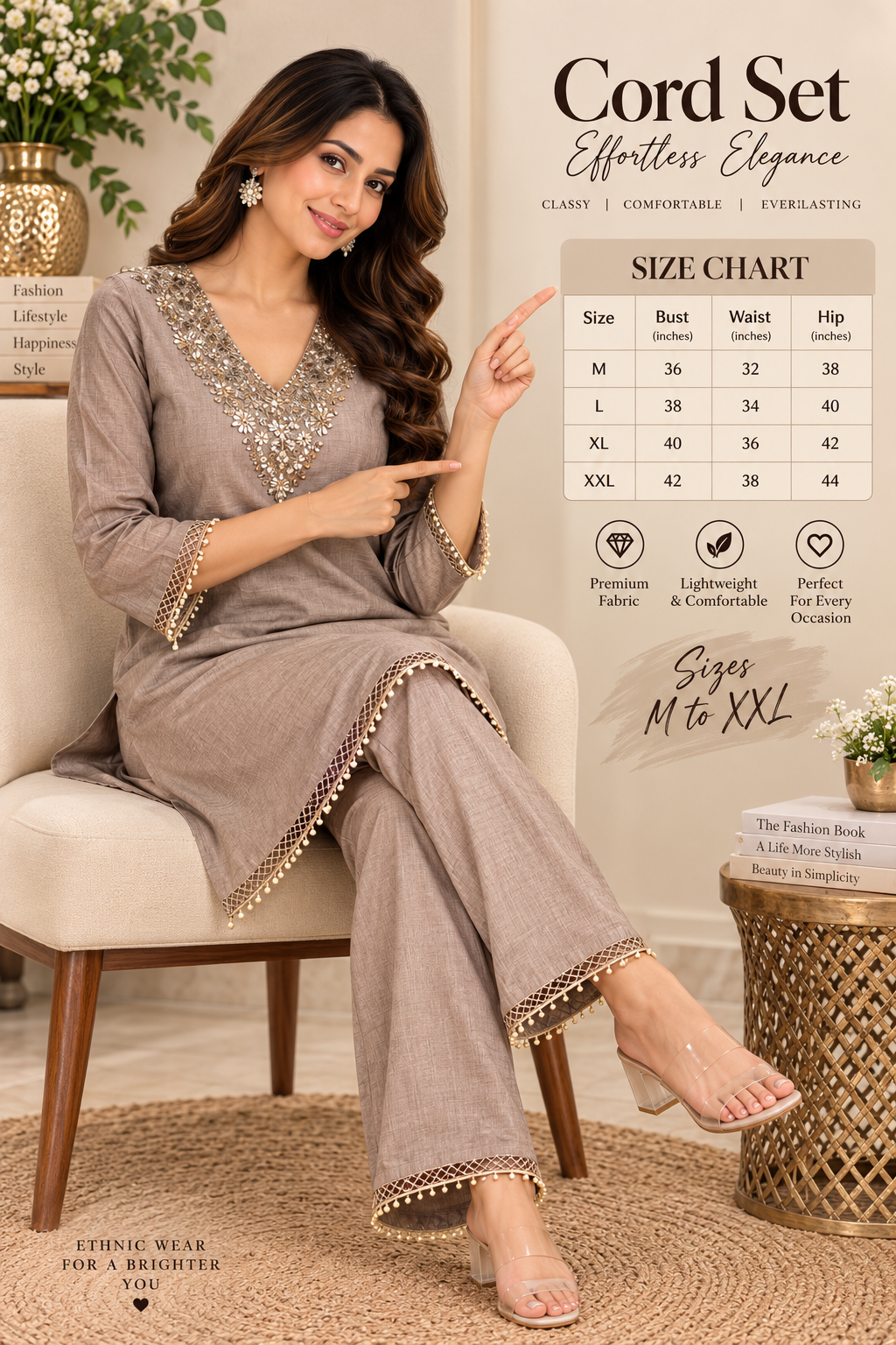 Taupe grey kurta pant set with matching wide-leg pants and bead detailing