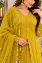 Mustard yellow flared Anarkali kurta with geometric embroidery and V-neck