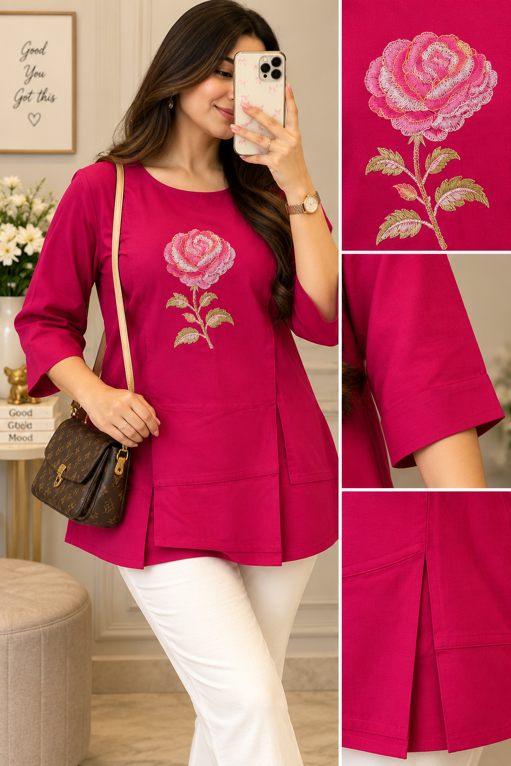 Rani pink flared kurti with multicolour rose embroidery and 3/4 sleeves