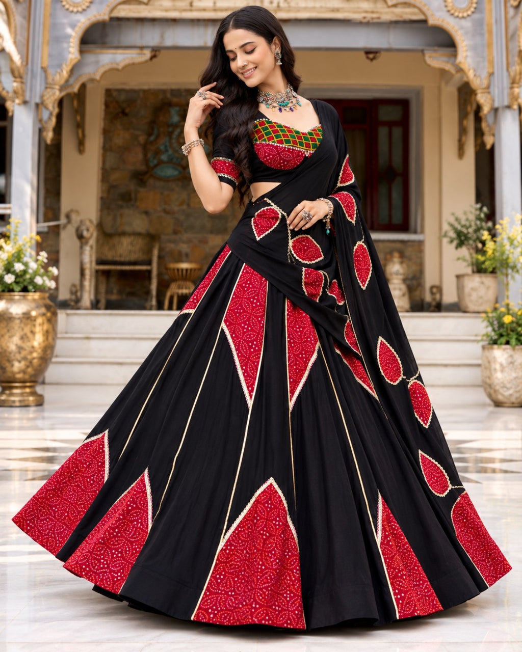 Black & Red Bandhani Print Lehenga Choli Set with Dupatta for Women