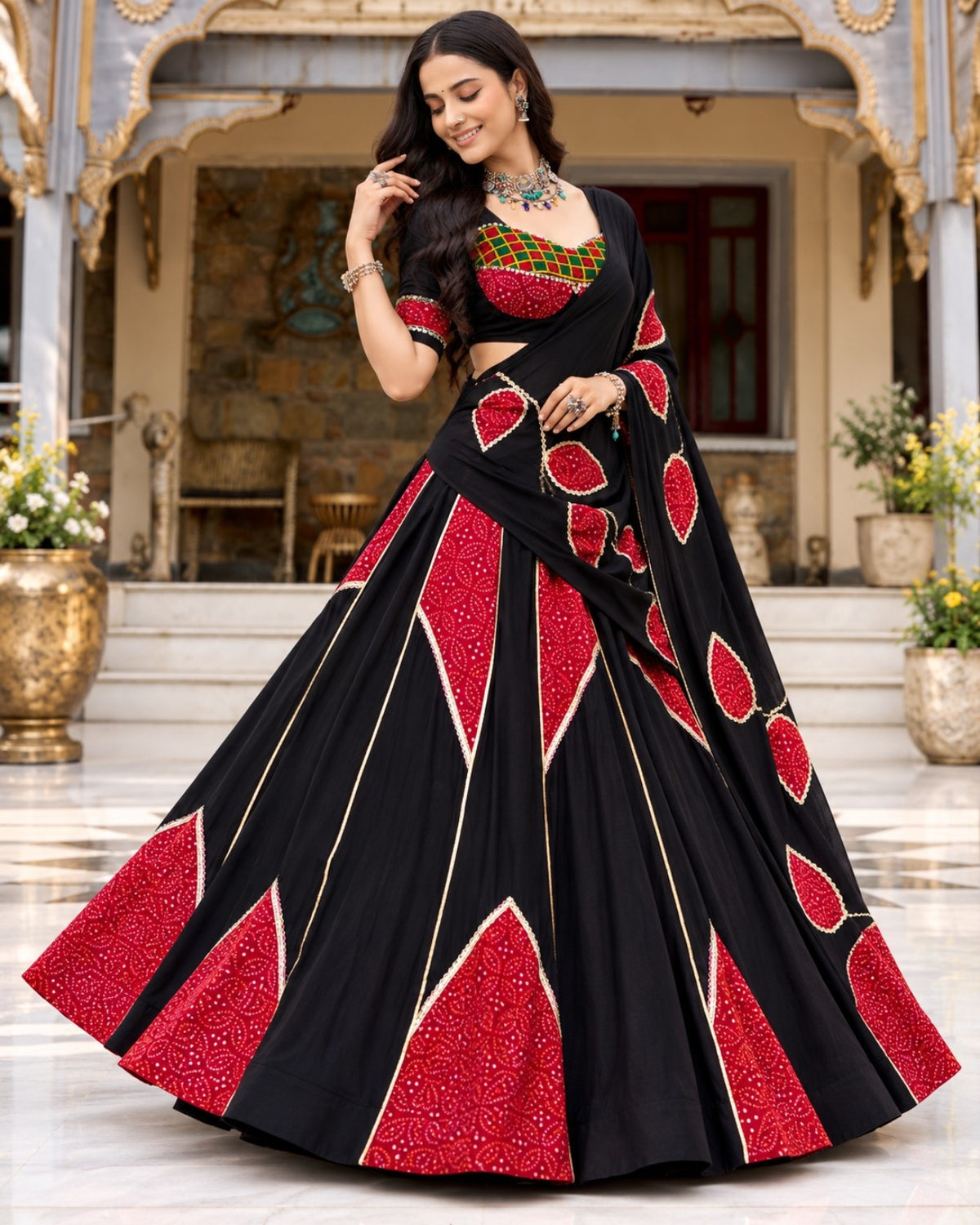 Black & Red Bandhani Print Lehenga Choli Set with Dupatta for Women