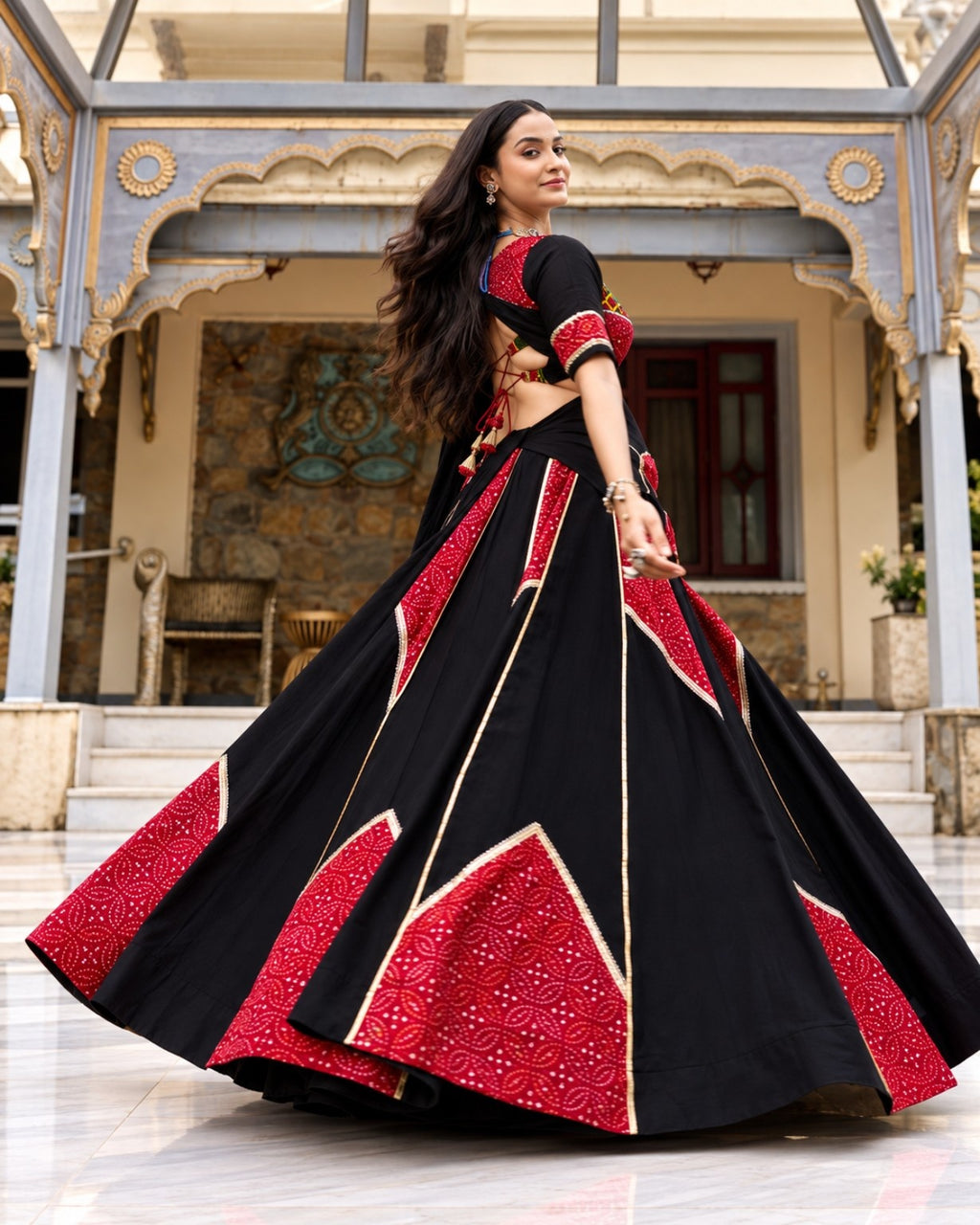Black & Red Bandhani Print Lehenga Choli Set with Dupatta for Women
