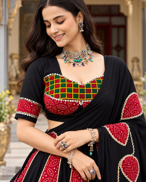 Black & Red Bandhani Print Lehenga Choli Set with Dupatta for Women