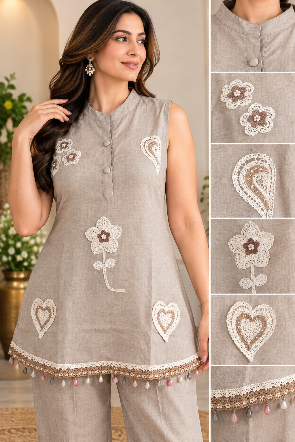 Beige sleeveless kurta with floral embroidery, heart motifs and tassel detailing