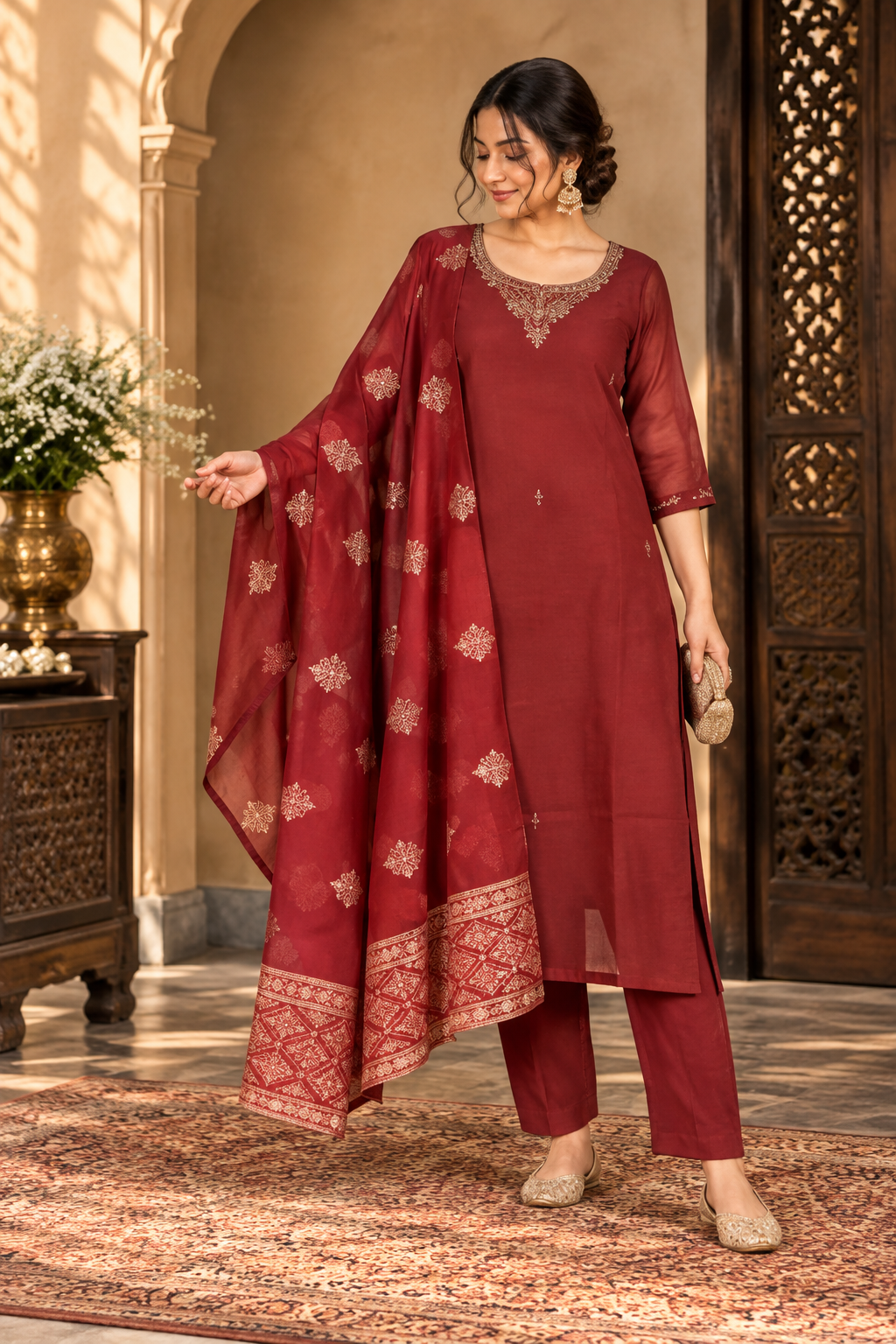 Maroon embroidered 3-piece suit set with matching floral dupatta