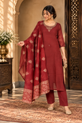 Maroon embroidered 3-piece suit set with matching floral dupatta