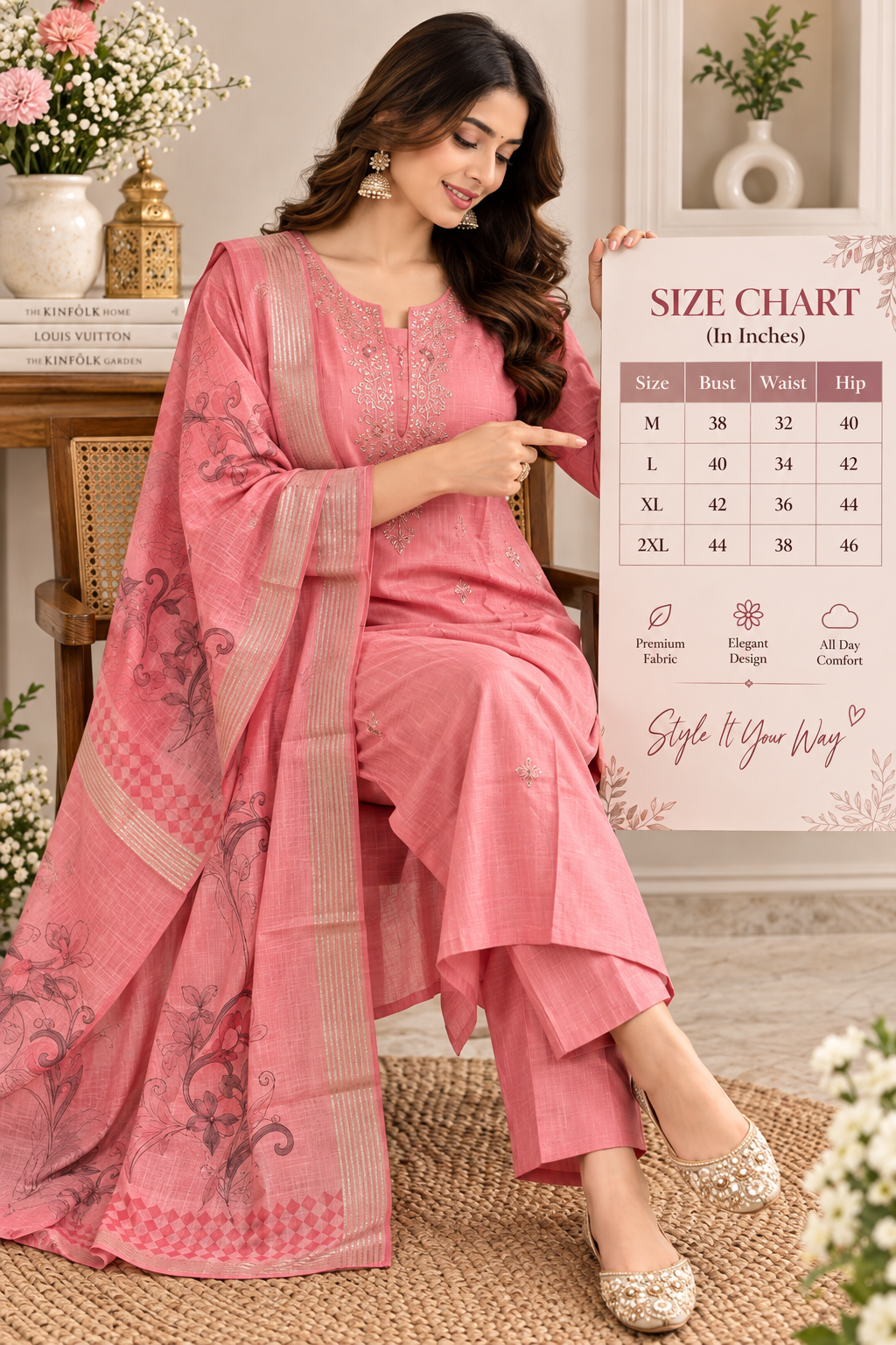 Pink floral embroidered kurta with matching printed dupatta for women