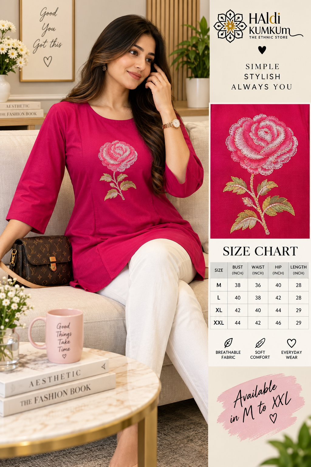Rani pink ethnic flared kurti with floral embroidery and round neckline