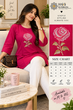 Rani pink ethnic flared kurti with floral embroidery and round neckline