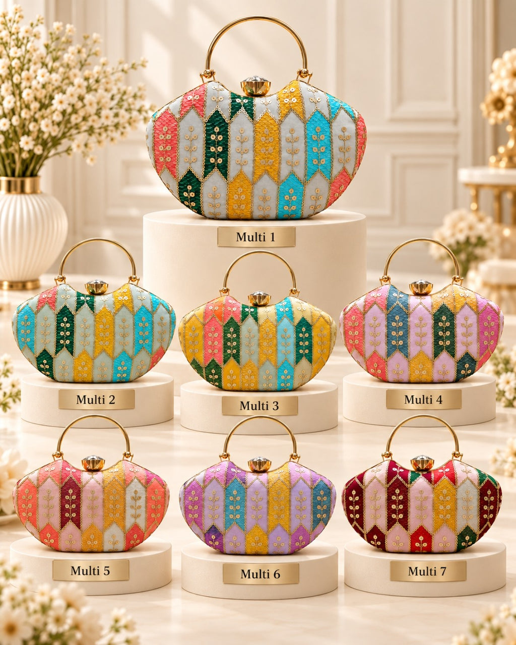 Multicolor Embroidered Hand Clutch Bag for Women with Gold Handle