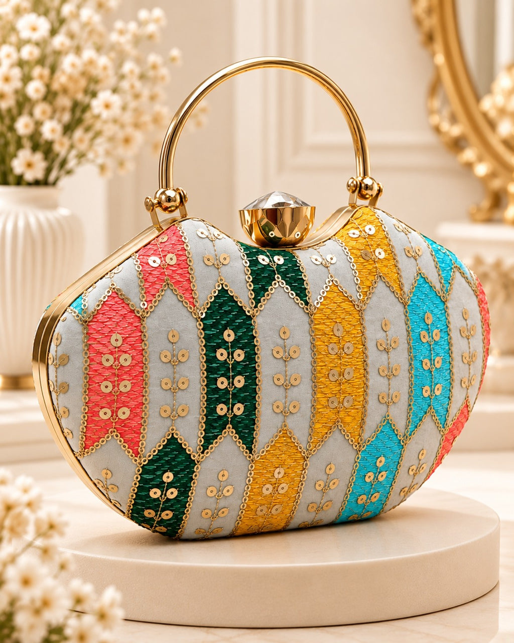 Multicolor Embroidered Hand Clutch Bag for Women with Gold Handle