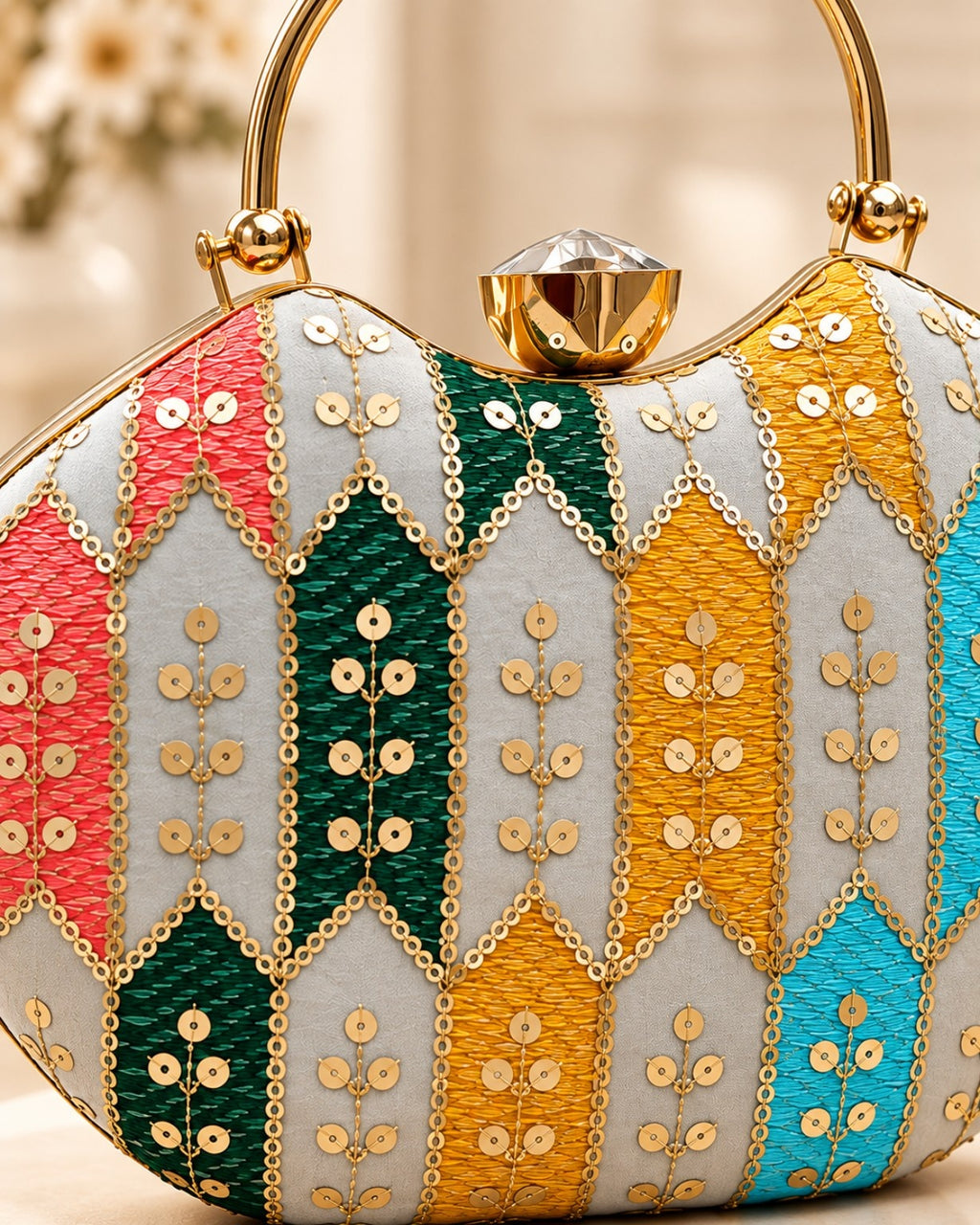 Multicolor Embroidered Hand Clutch Bag for Women with Gold Handle