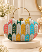 Multicolor Embroidered Hand Clutch Bag for Women with Gold Handle