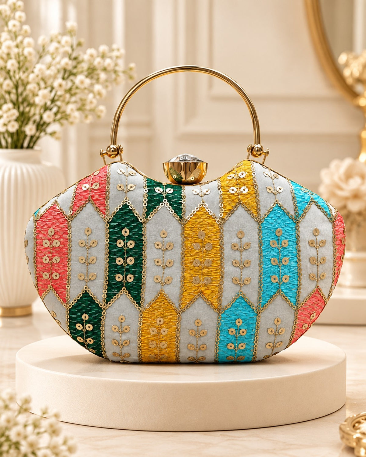 Multicolor Embroidered Hand Clutch Bag for Women with Gold Handle