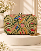 Multicolor Embroidered Paisley Clutch Bag with Gold Chain