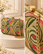 Multicolor Embroidered Paisley Clutch Bag with Gold Chain