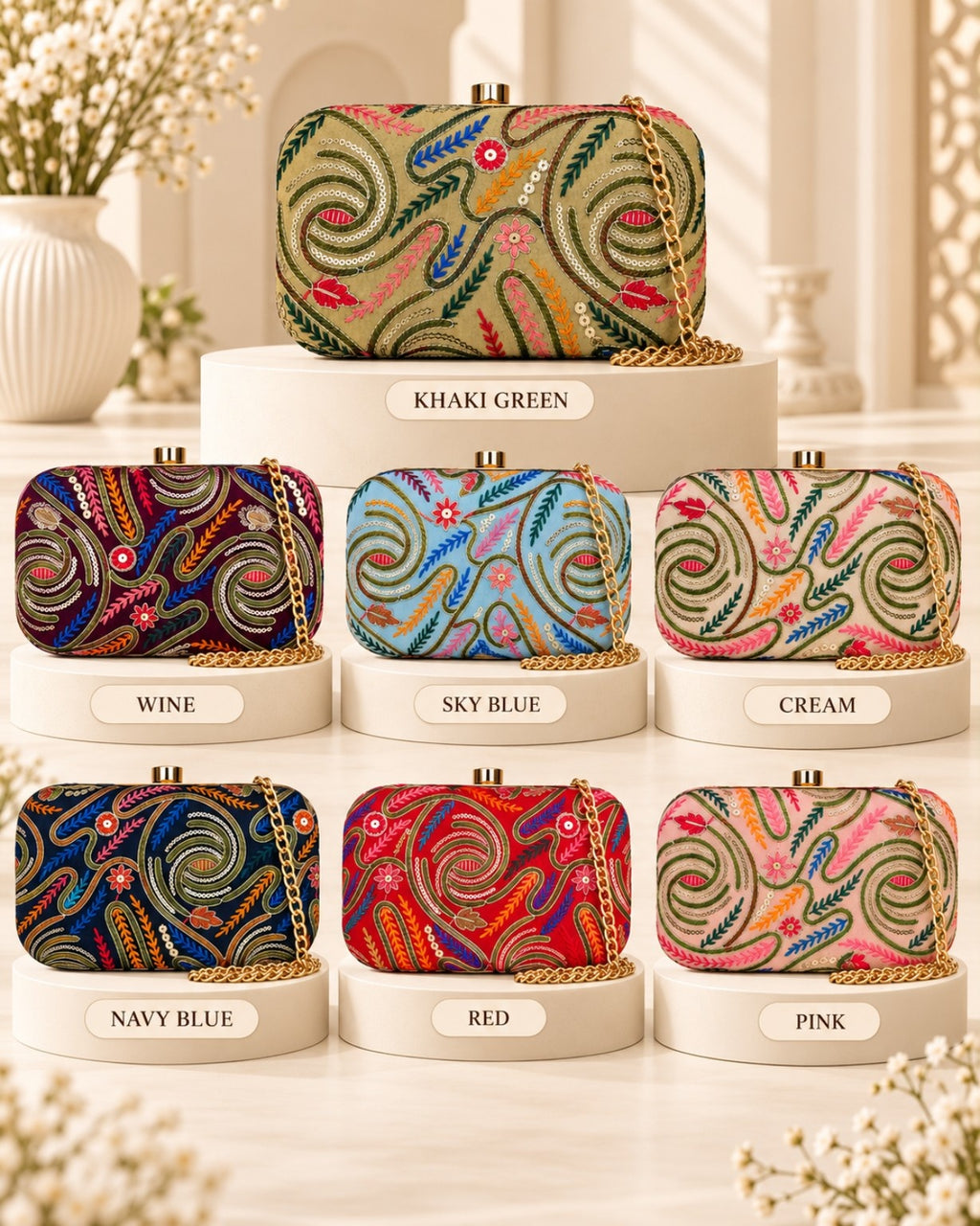 Multicolor Embroidered Paisley Clutch Bag with Gold Chain