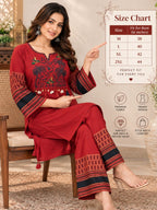 Maroon kurta pant set with wide-leg pants and printed border