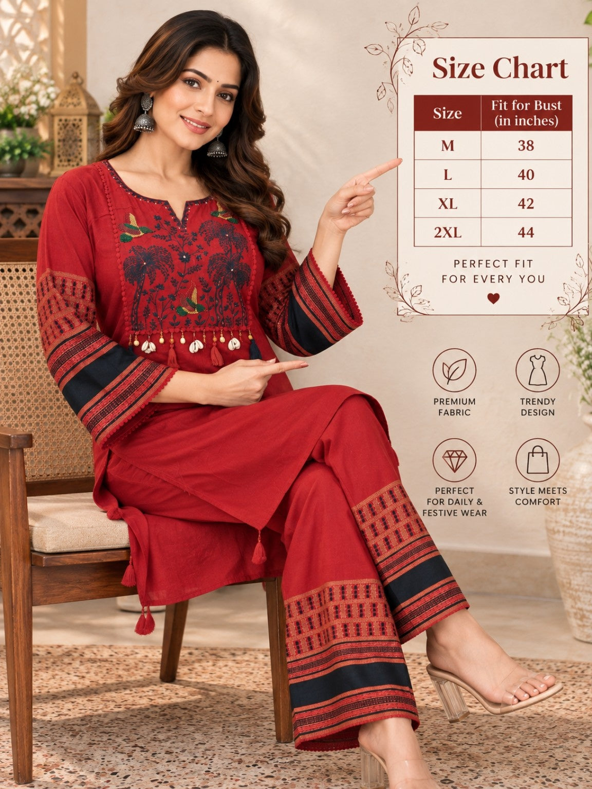 Maroon kurta pant set with wide-leg pants and printed border