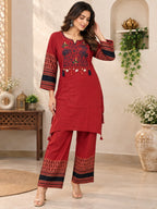 Maroon printed kurta pant set with embroidered front yoke